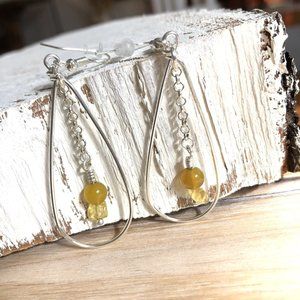 Long Silver Hoops, Gemstone Earrings Yellow and Silver